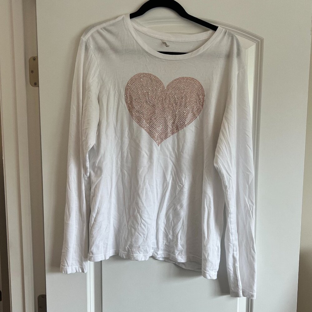 White long sleeve top with pink heart beading